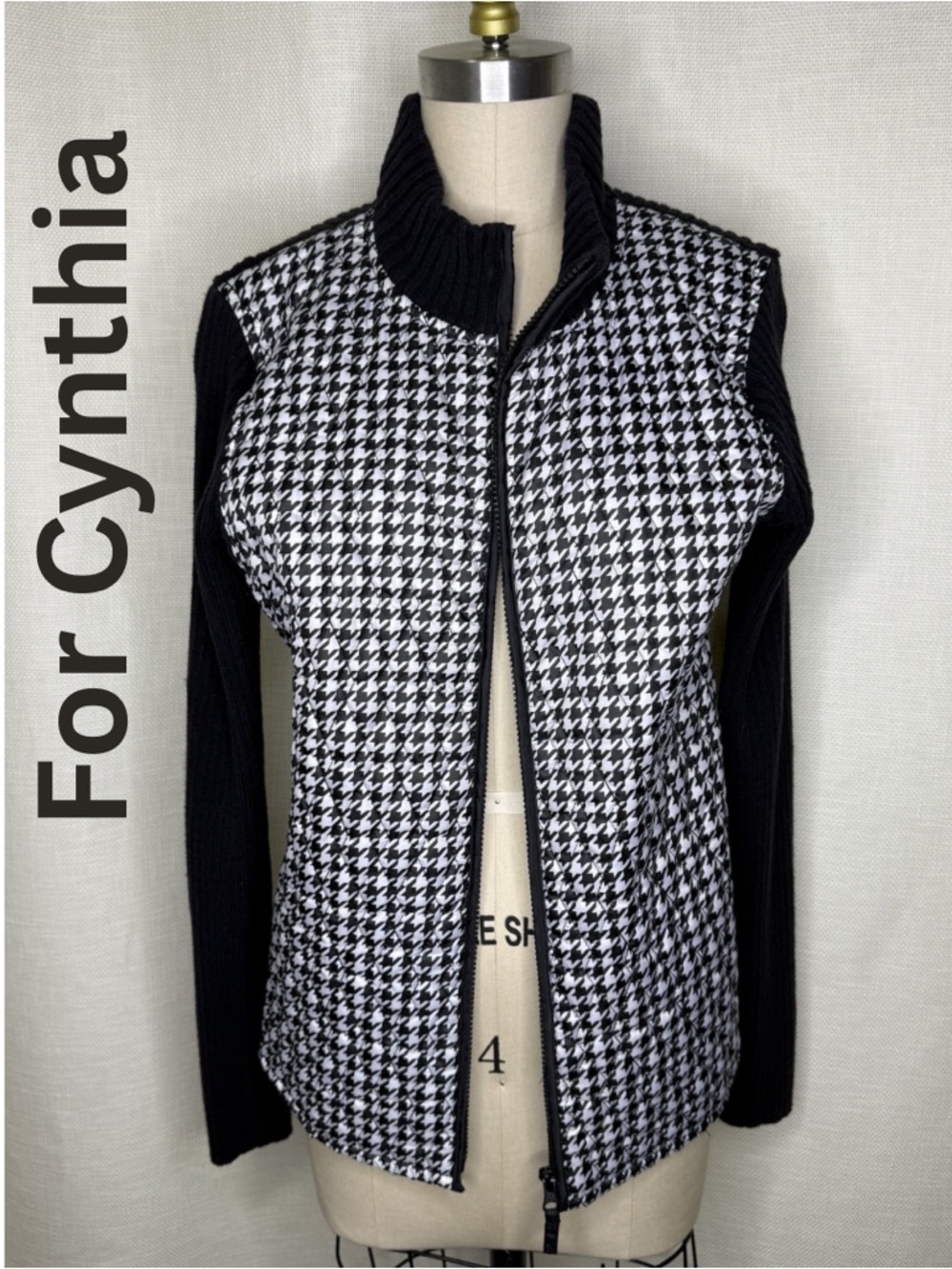 For Cynthia Houndstooth Zip Jacket Size L Black White Knit